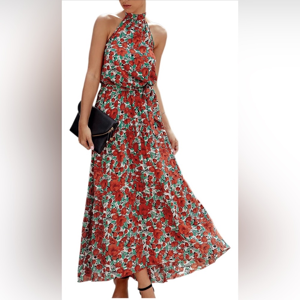 Ecowish Women’s red floral halter neck dress